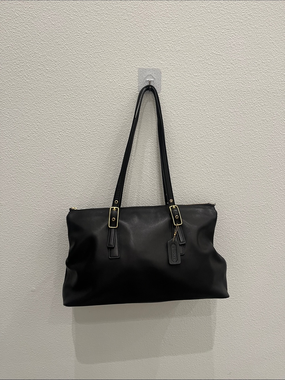 Vintage Coach Black Leather Shoulder Tote with Gold Hardware